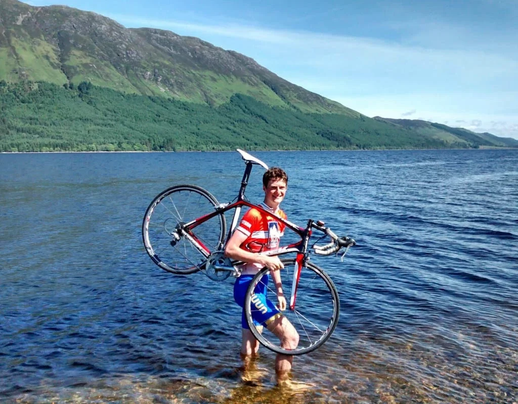 Felix taking a dip in a Scottish loch.