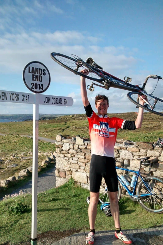Felix Young in Land's End having completed John O'Groats to Land's End in 2014